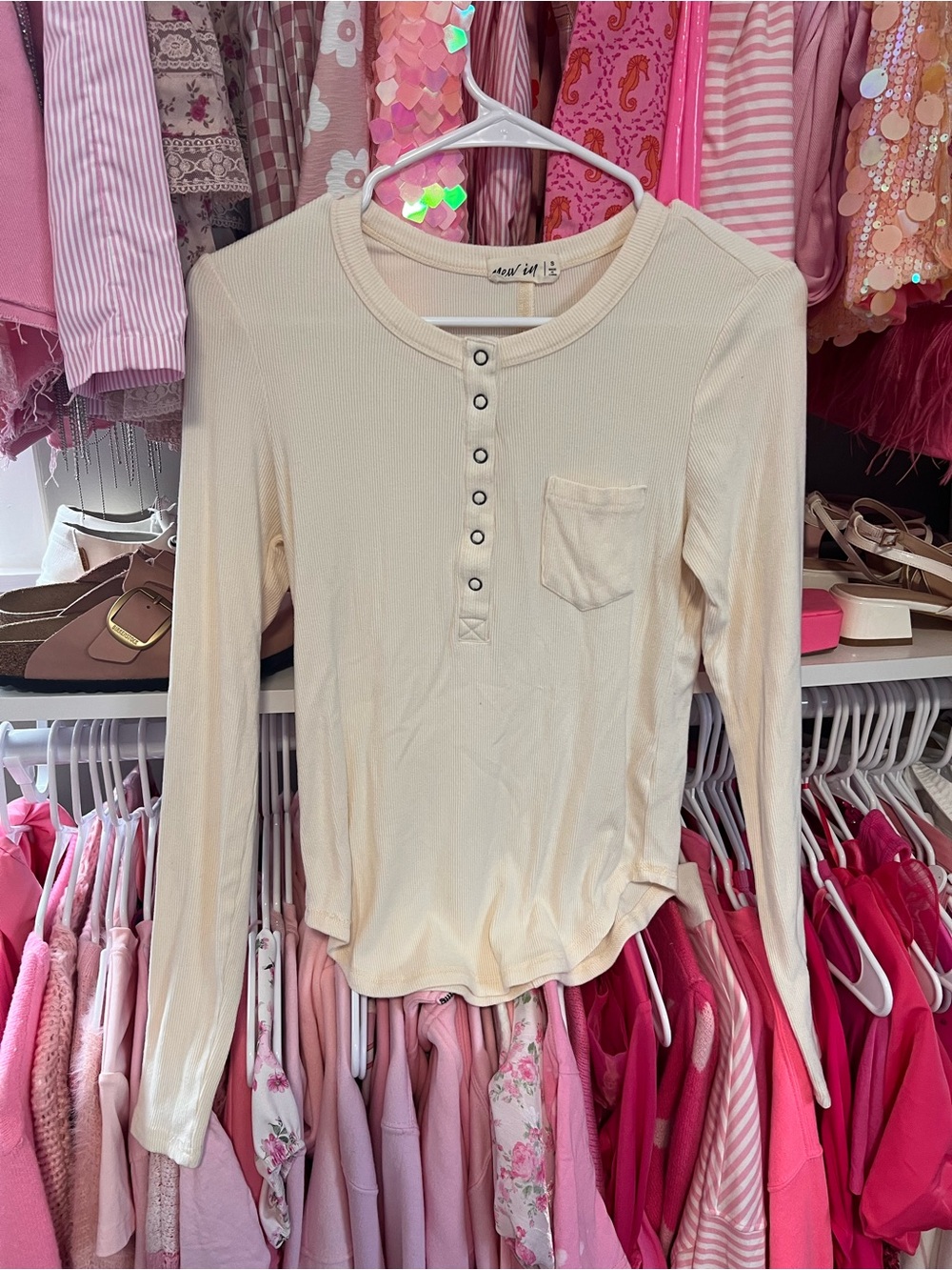 Cream Ribbed Long-Sleeve Henley Top with Pocket